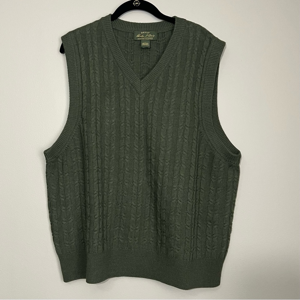 V-neck Cable Knit Green Wool Sweater Vest L Classic Heritage Preppy Academic